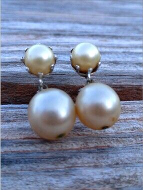 VITOGE Clip-On Earrings Vintage Double Faux Pearl Dangle Silver Tone 1.25"